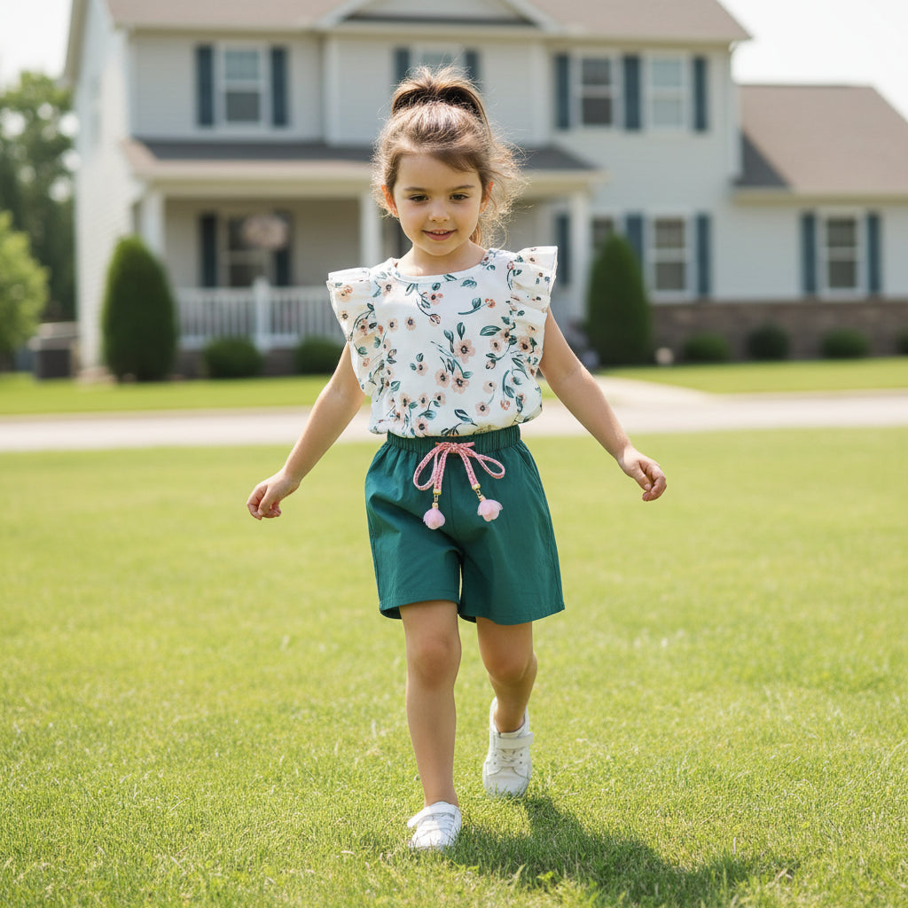 Baby Girl Flowers Top + Green Short