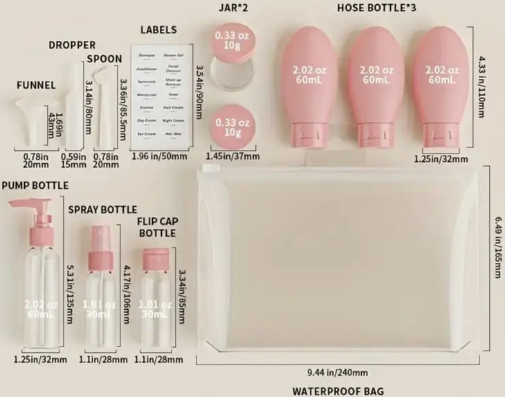 Ensemble de 11 flacons/tubes avec sac de rangement