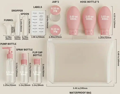 Ensemble de 11 flacons/tubes avec sac de rangement