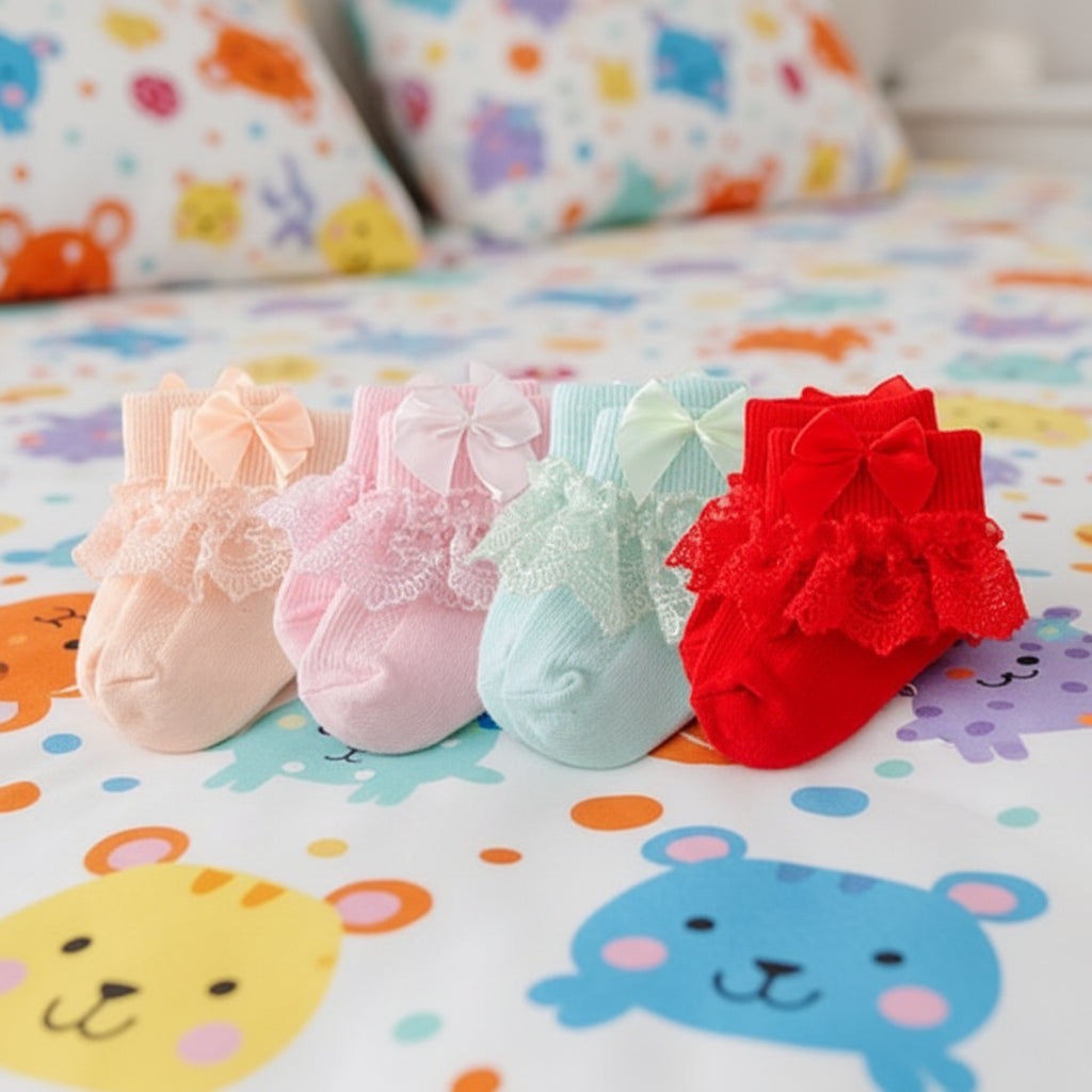 4 paires de chaussettes en coton et dentelle pour nouveau-né avec lien