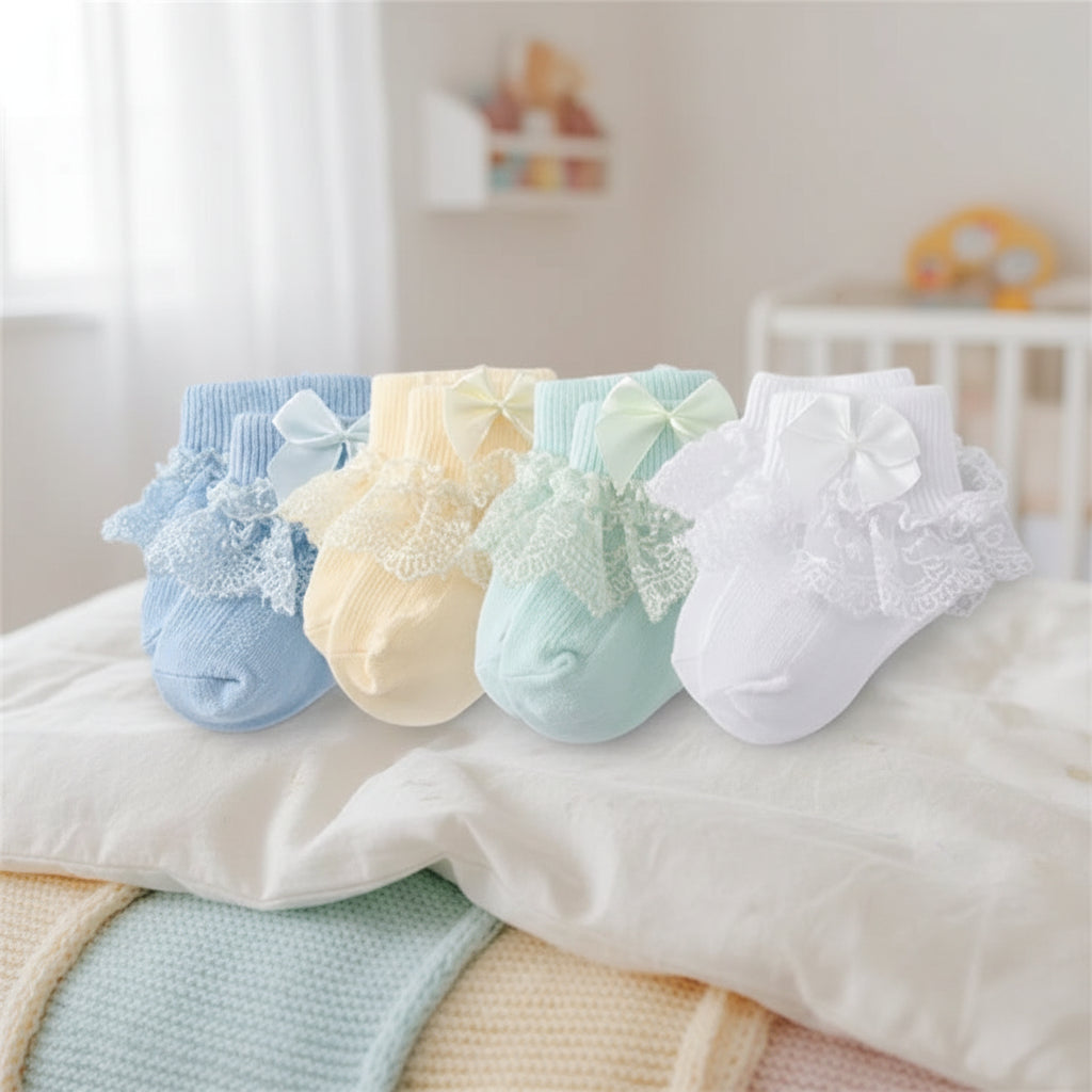 4 paires de chaussettes en coton et dentelle pour nouveau-né avec lien