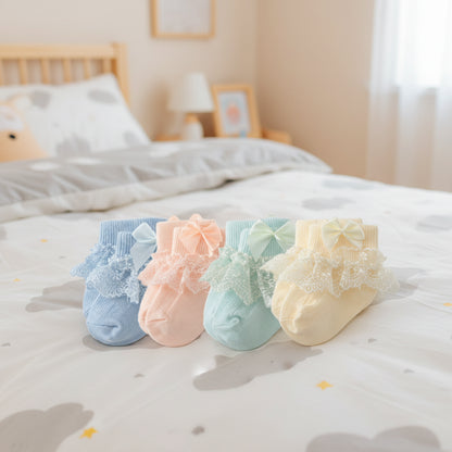 4 paires de chaussettes en coton et dentelle pour nouveau-né avec lien