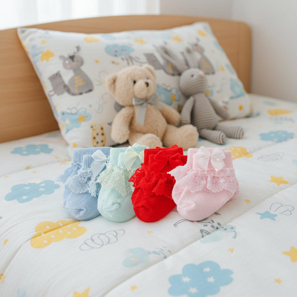 4 paires de chaussettes en coton et dentelle pour nouveau-né avec lien
