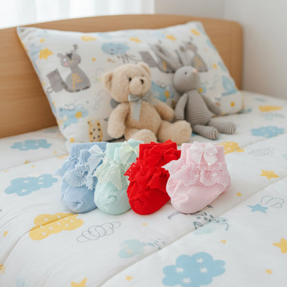 4 paires de chaussettes en coton et dentelle pour nouveau-né avec lien