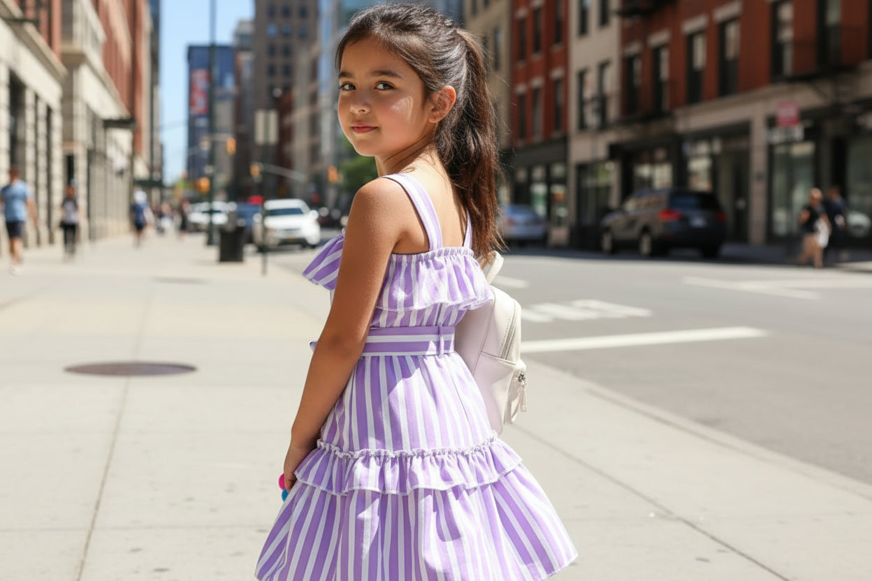 Sweet Purple Stripes Dress with Belt