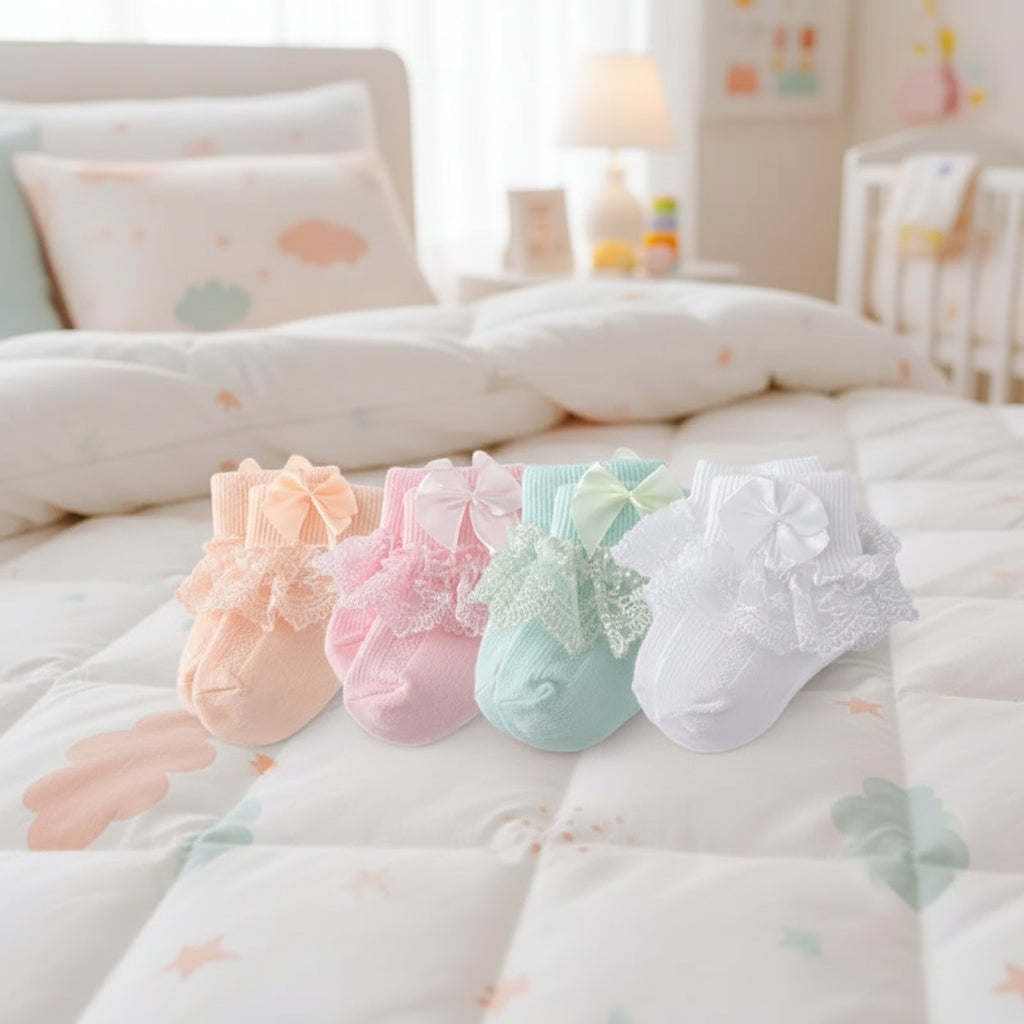 4 paires de chaussettes en coton et dentelle pour nouveau-né avec lien