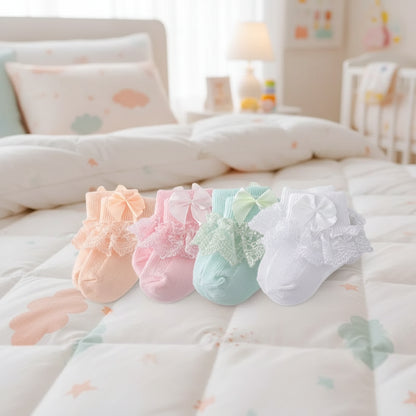 4 paires de chaussettes en coton et dentelle pour nouveau-né avec lien