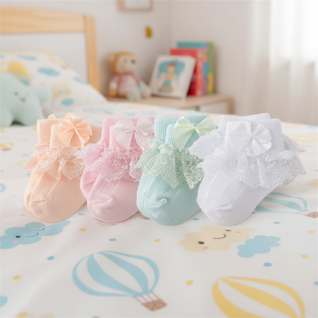 4 paires de chaussettes en coton et dentelle pour nouveau-né avec lien