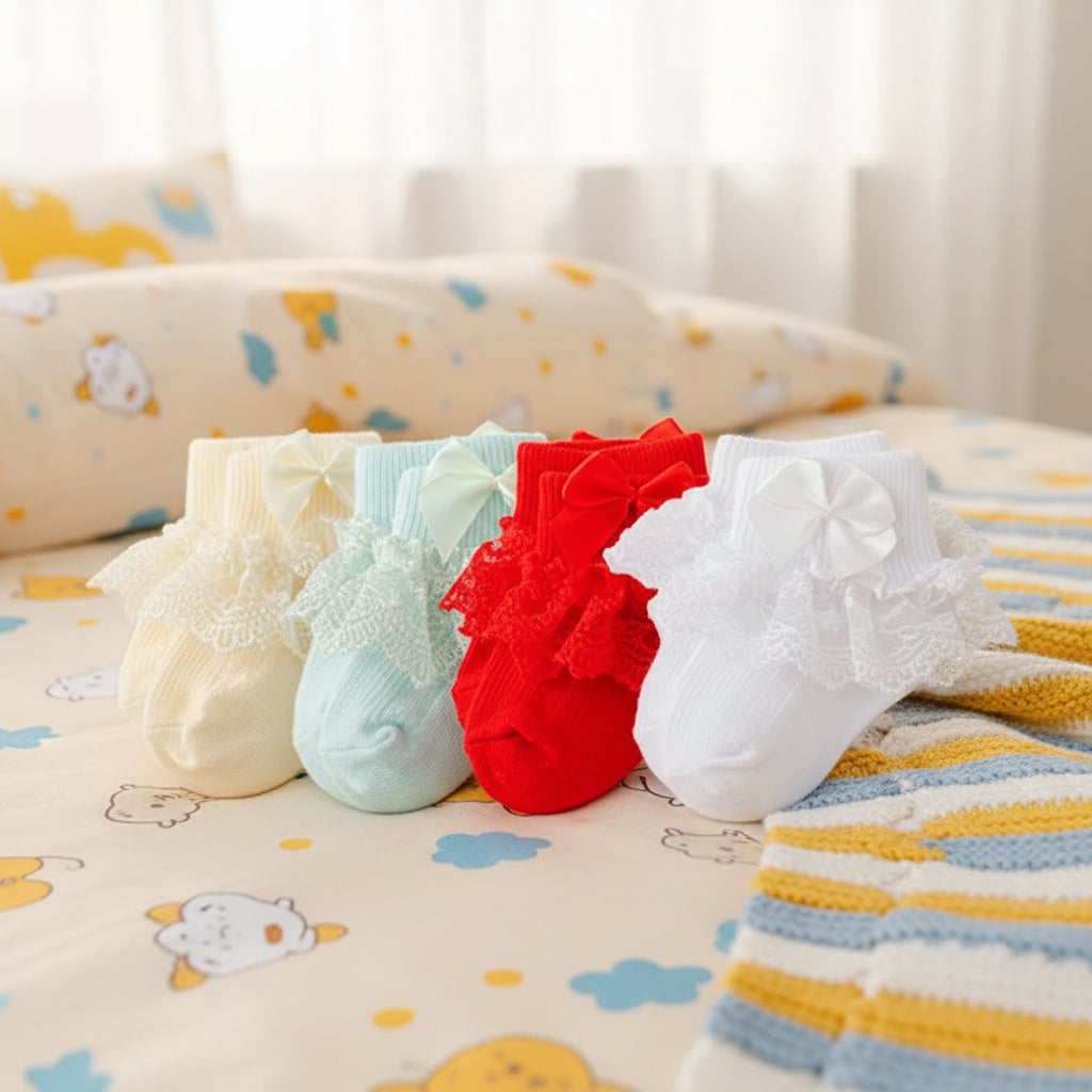4 paires de chaussettes en coton et dentelle pour nouveau-né avec lien