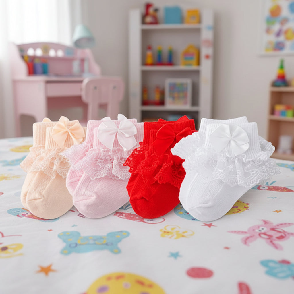 4 paires de chaussettes en coton et dentelle pour nouveau-né avec lien