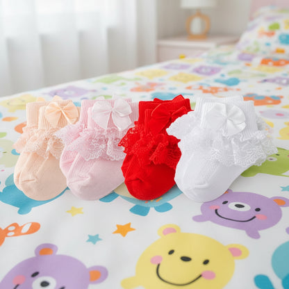 4 paires de chaussettes en coton et dentelle pour nouveau-né avec lien