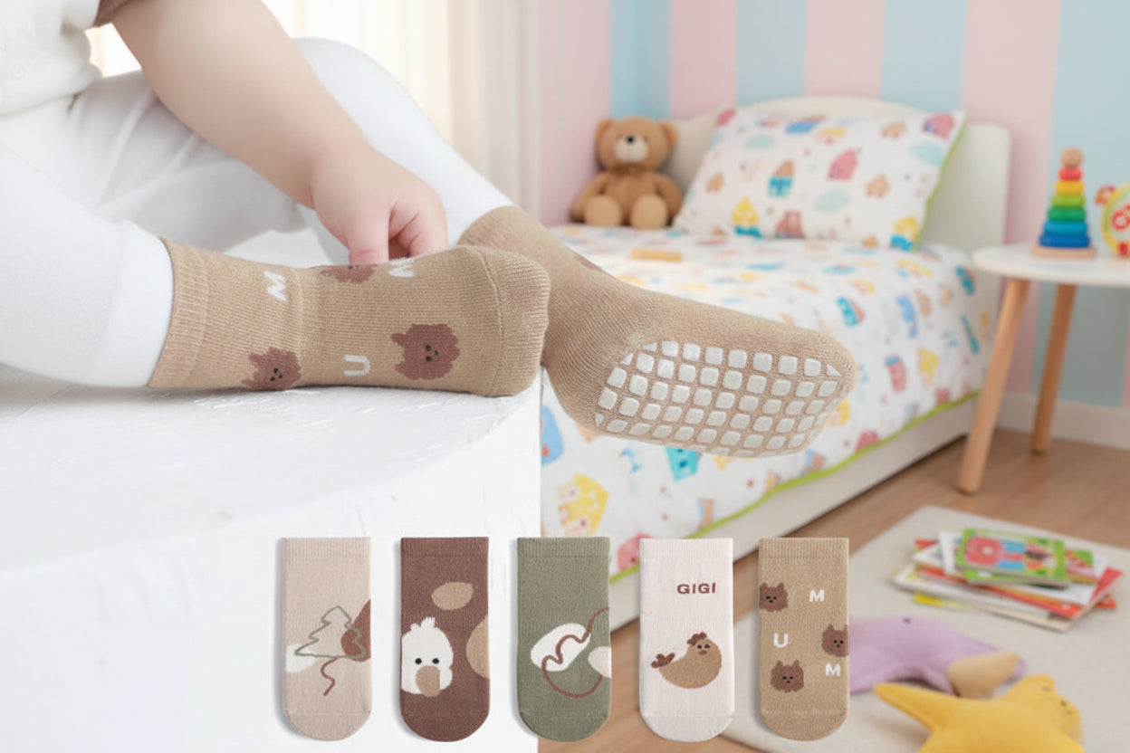 5Prs Mid-Tube Cool Animals Socks With Grips