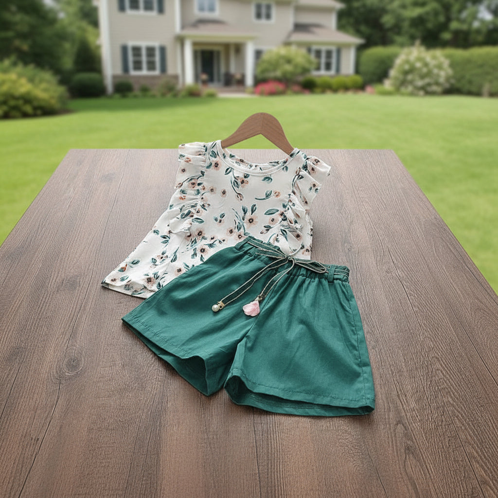 Baby Girl Flowers Top + Green Short