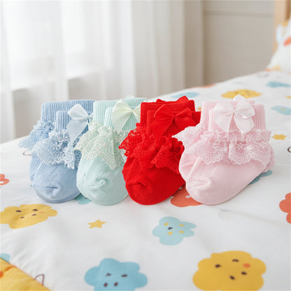4 paires de chaussettes en coton et dentelle pour nouveau-né avec lien
