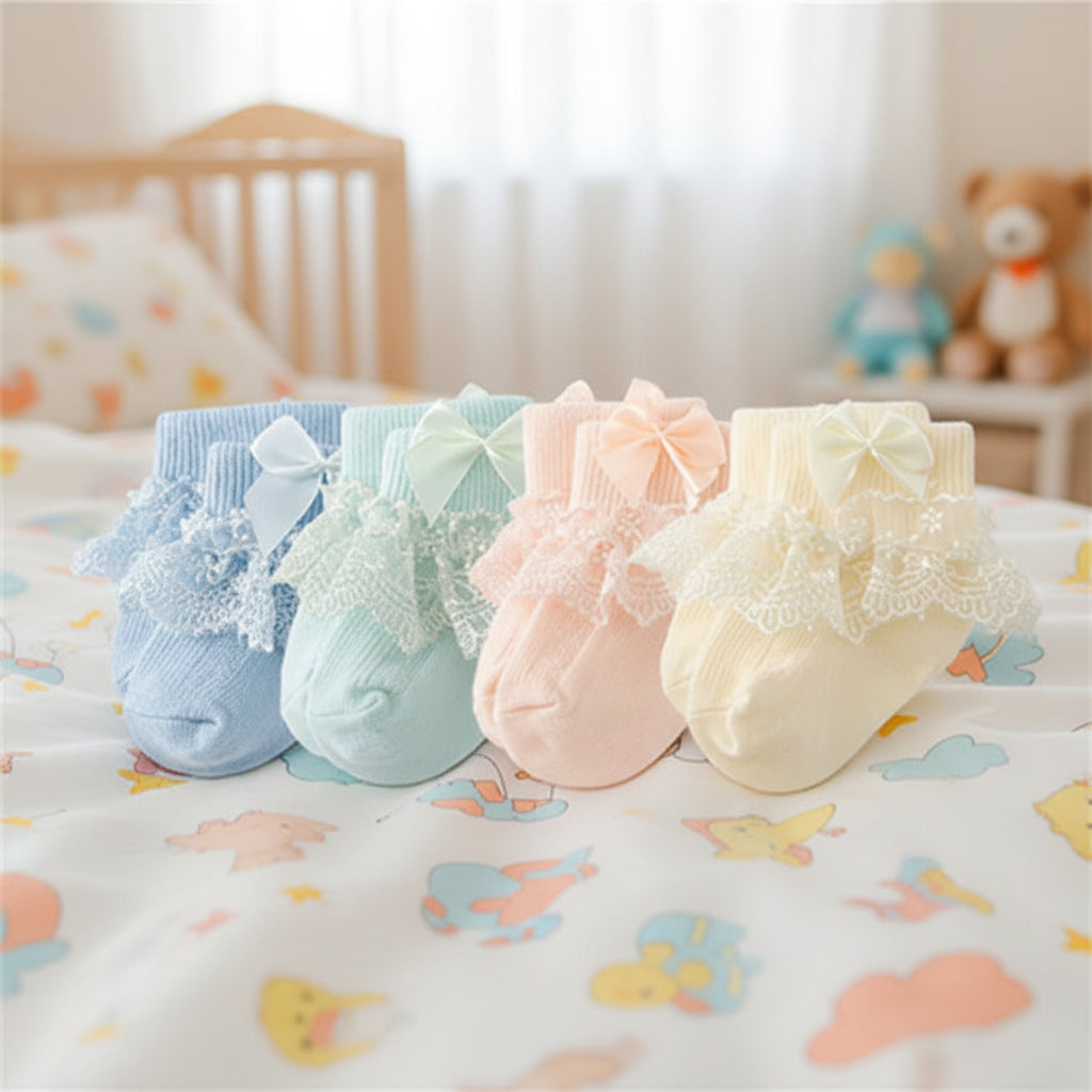 4 paires de chaussettes en coton et dentelle pour nouveau-né avec lien