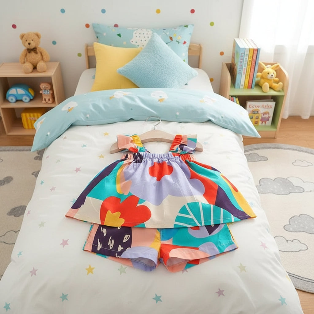 Kids Girl Set of Color Matching Floral Top + Short