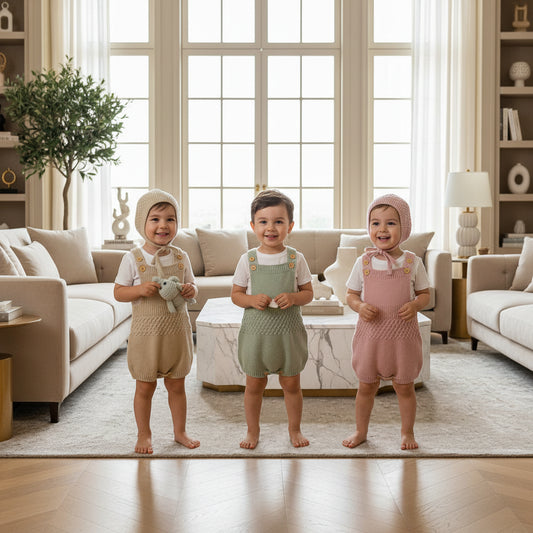 ملابس أطفال بتصميم بسيط وملون + قبعات