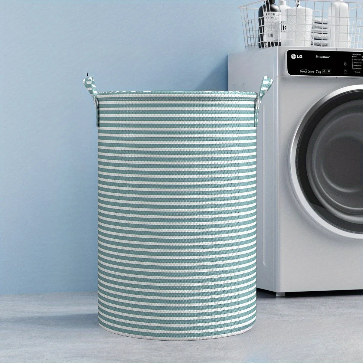Foldable Green White Striped Laundry Baskets