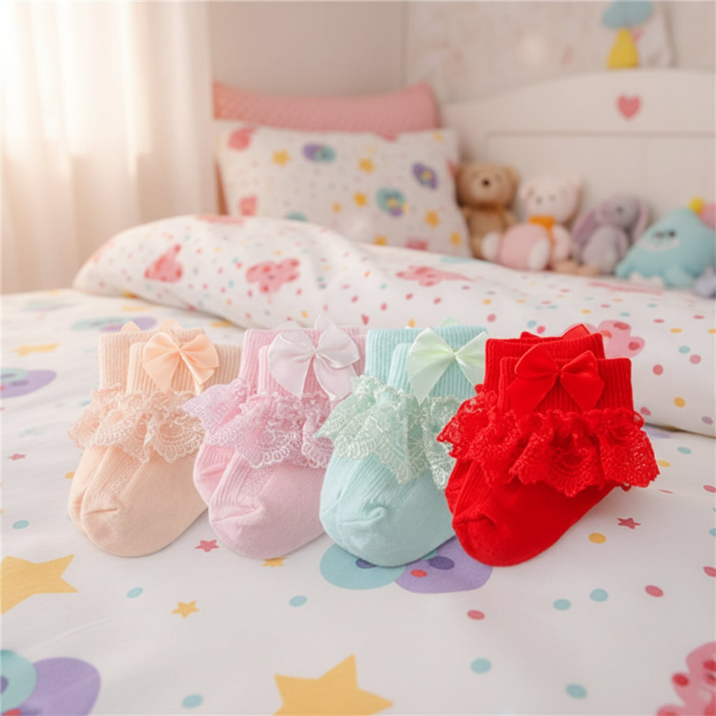 4 paires de chaussettes en coton et dentelle pour nouveau-né avec lien