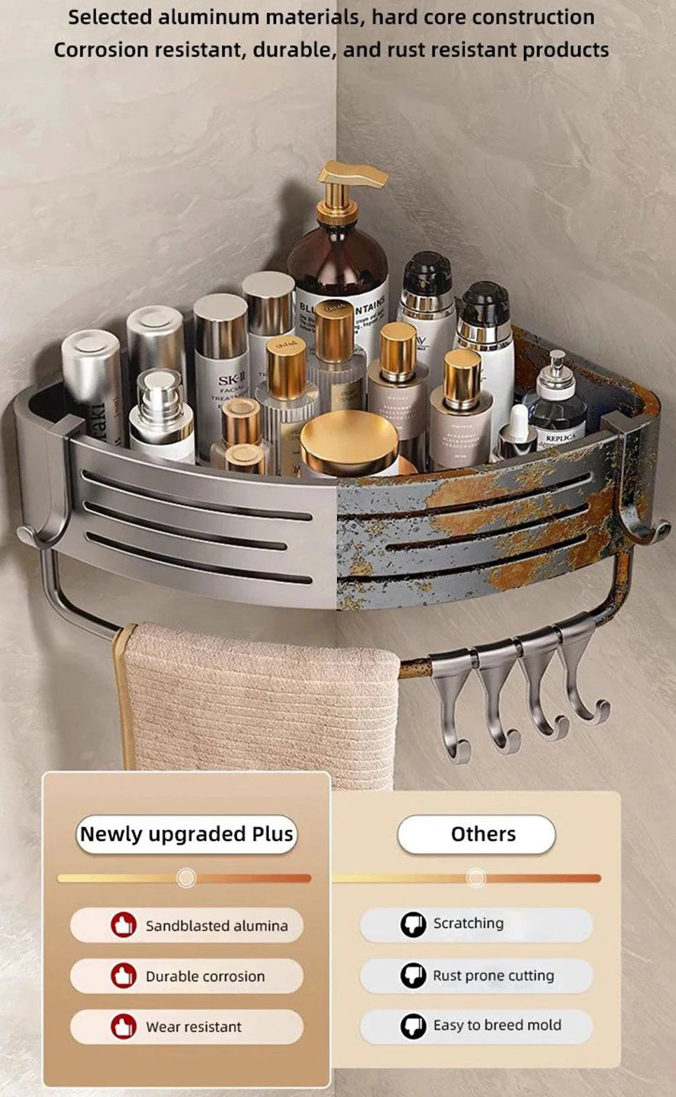 1-2PCS Bathroom Corner Shelves With Plastic Hook Towel Bars